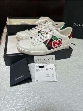 Gucci White Leather Ace Sneakers with Red & Green Apple Motif